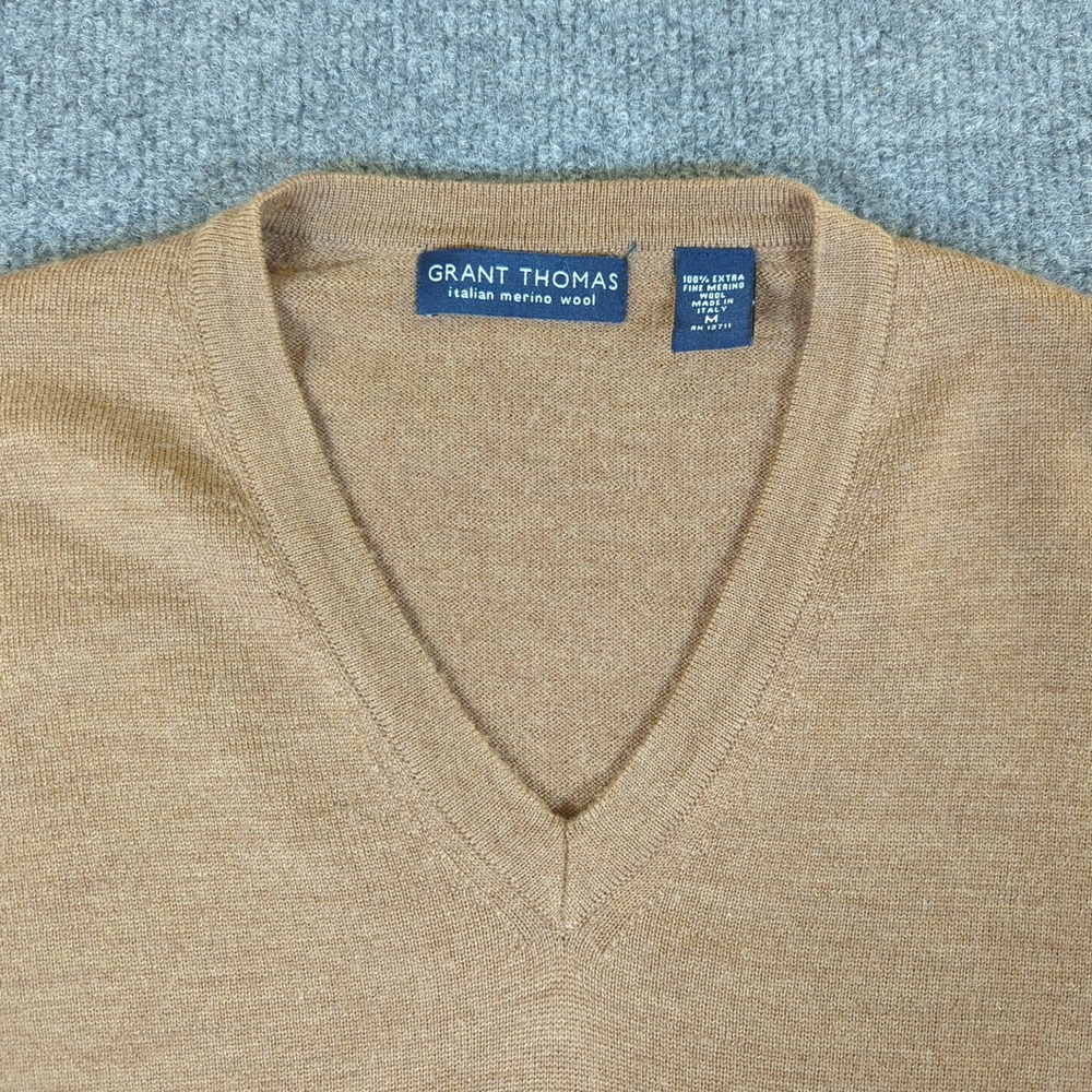 Grant Thomas Mens Italian Merino Wool V-Neck Sweater Camel‎ Tan Size M #2721